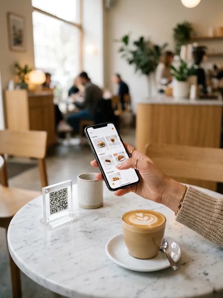 Veamenu QR menüsü açık akıllı telefon ve masada kahve fincanı ile QR standı